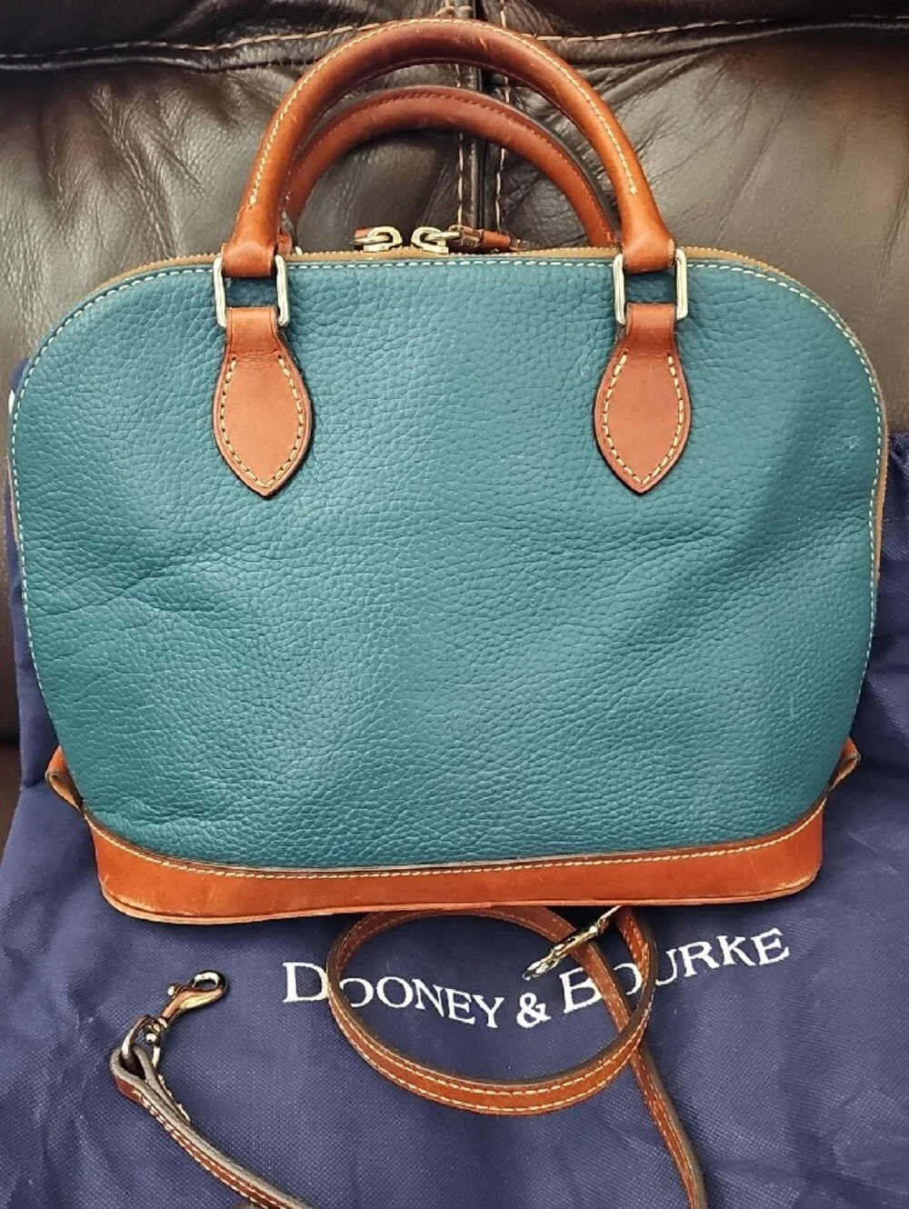 Dooney & Bourke Teal Leather Zip Zip Satchel with Brown Trim and Strap